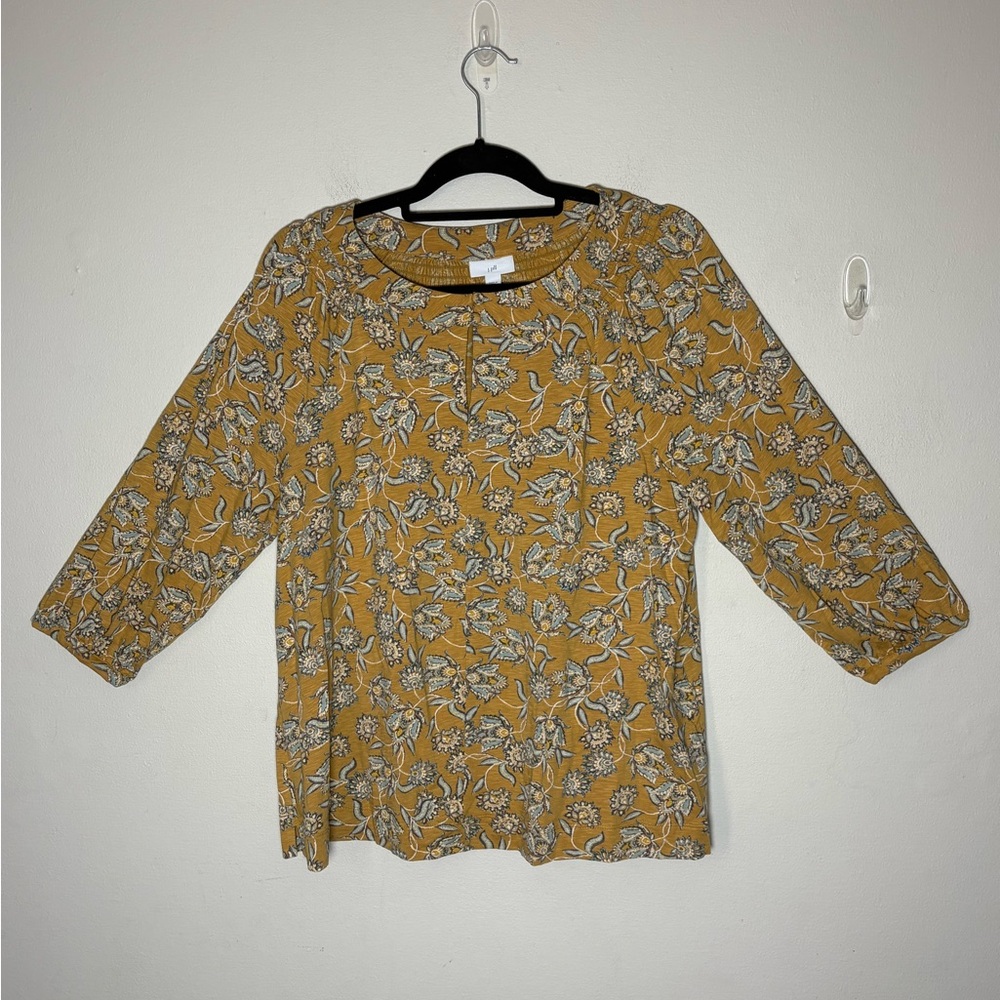 J Jill Women’s 3/4 Floral Mustard Yellow Blouse Size M
